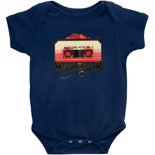 Navy Guardians of the Galaxy Awesome Mix Vol 1 baby onesie.
