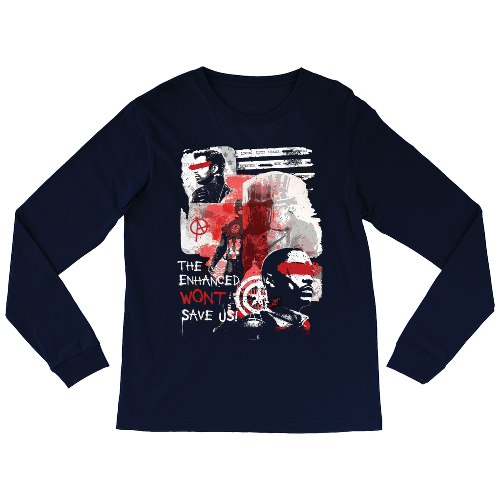 Falcon and the Winter Soldier navy blue long sleeved tee featuring Captain America's shield, Sam Wilson and Bucky Barnes.