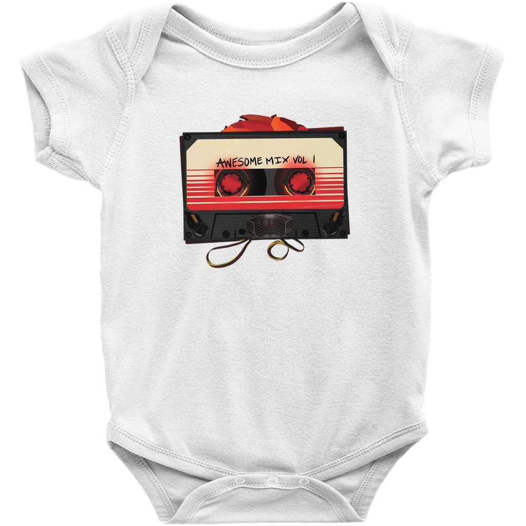 White Guardians of the Galaxy Awesome Mix Vol 1 baby onesie.