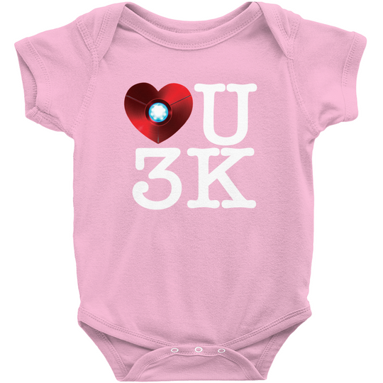Pink Iron Man 'Love U 3K' baby onesie.