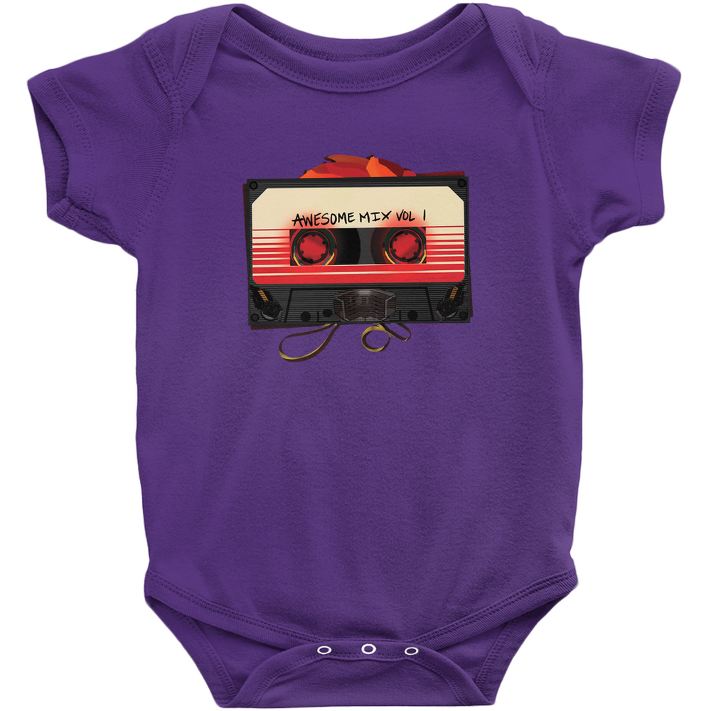 Purple Guardians of the Galaxy Awesome Mix Vol 1 baby onesie.