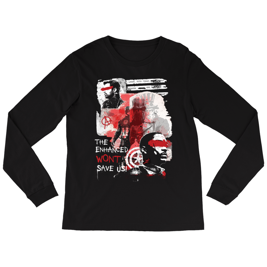 Falcon and the Winter Soldier black long sleeved tee featuring Captain America's shield, Sam Wilson and Bucky Barnes.