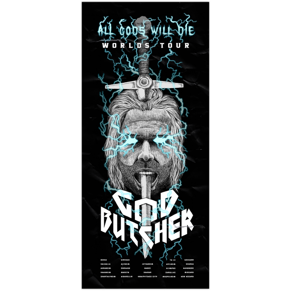 Gorr Godbutcher poster with Thor's head stabbed by the necrosword. 