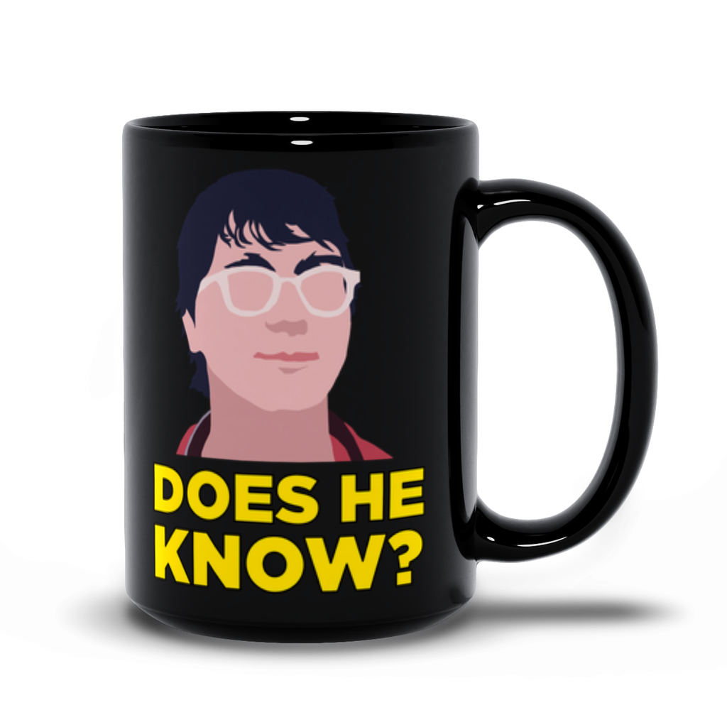 "Does He Know?" Meme Mug